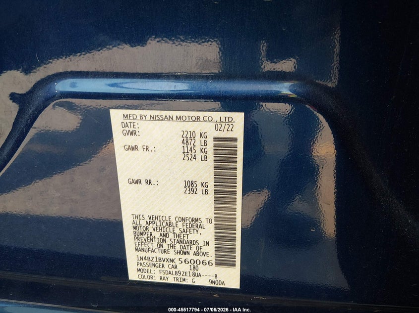 2022 Nissan Leaf S Plus 62 Kwh VIN: 1N4BZ1BVXNC560066 Lot: 45517794