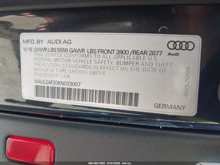 2019 Audi A6 55 Premium VIN: WAUL2AF20KN033007 Lot: 45517808