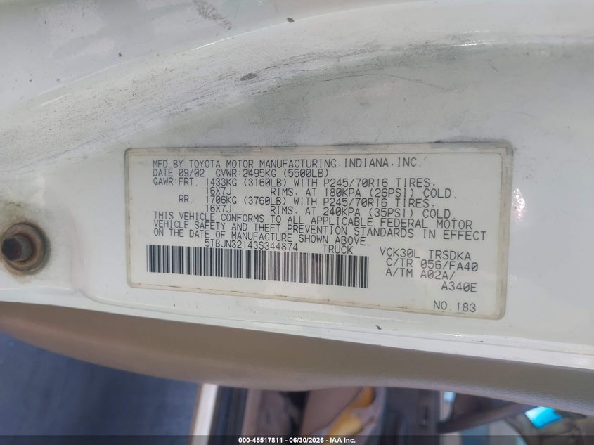 TOYOTA TUNDRA 2003 VIN 5TBJN32143S344874