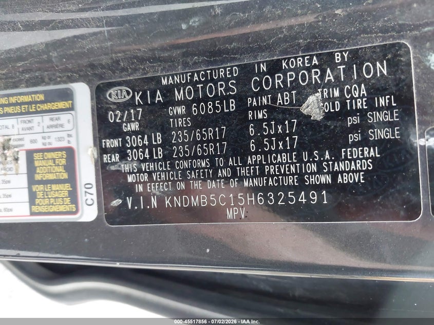 2017 Kia Sedona Lx VIN: KNDMB5C15H6325491 Lot: 45517856