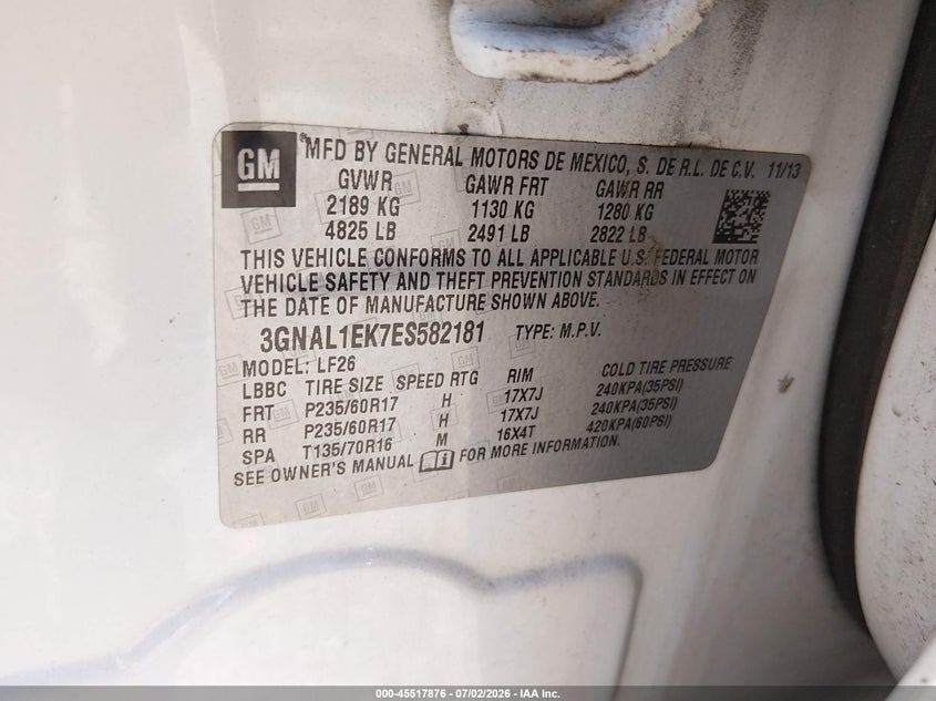 2014 Chevrolet Captiva Sport Fleet Ls VIN: 3GNAL1EK7ES582181 Lot: 45517876
