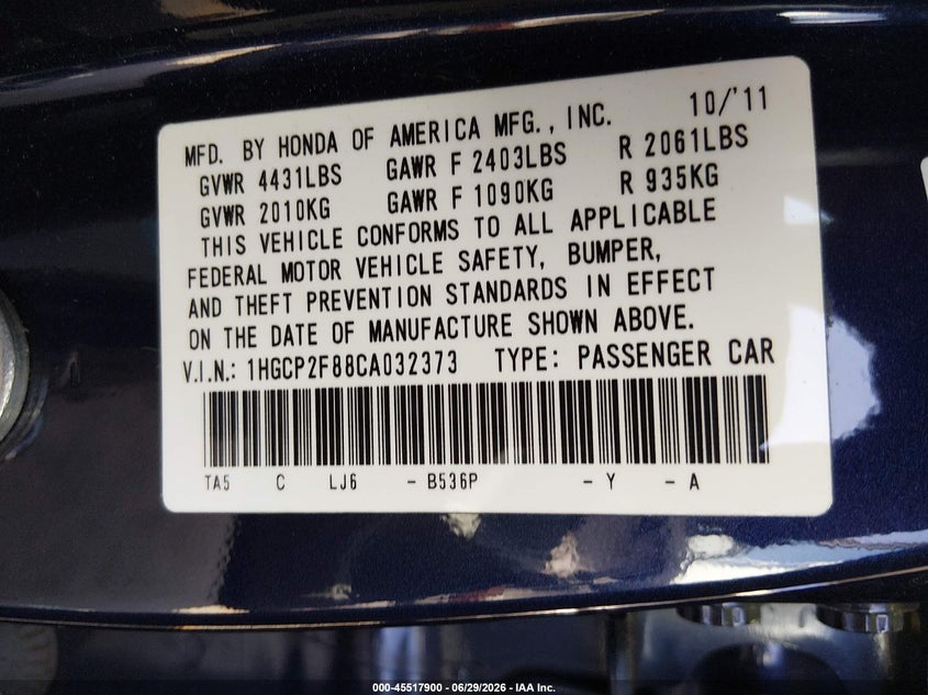 2012 HONDA ACCORD SEDAN 2.4L I-4 DOHC, VVT, 190HP