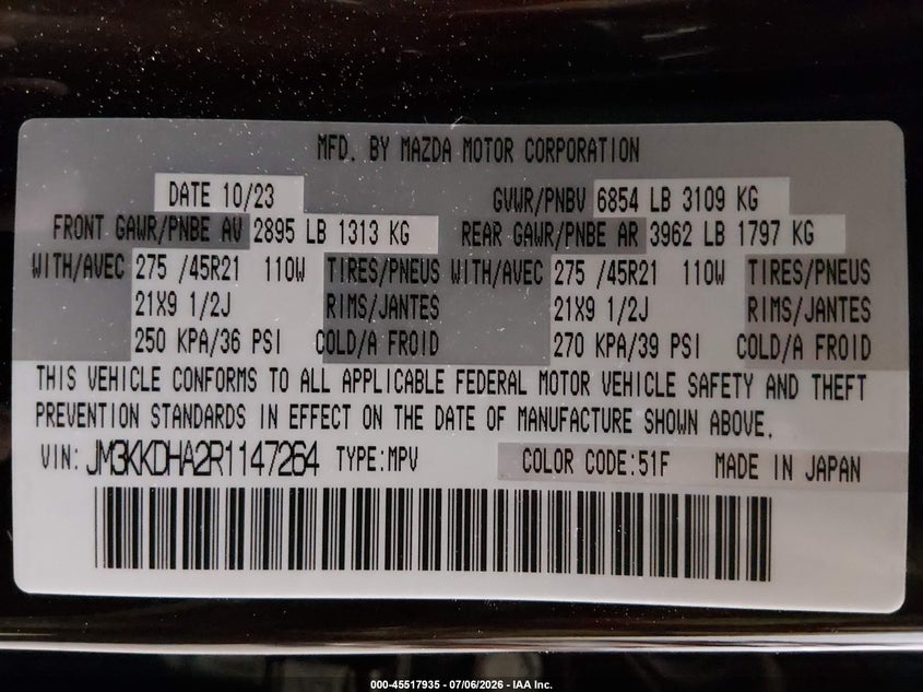 2024 Mazda Cx-90 Phev Premium VIN: JM3KKDHA2R1147264 Lot: 45517935
