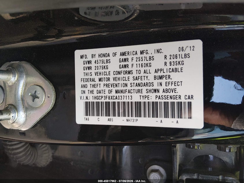 2012 HONDA ACCORD SEDAN 3.5L V-6 VVT, 271HP