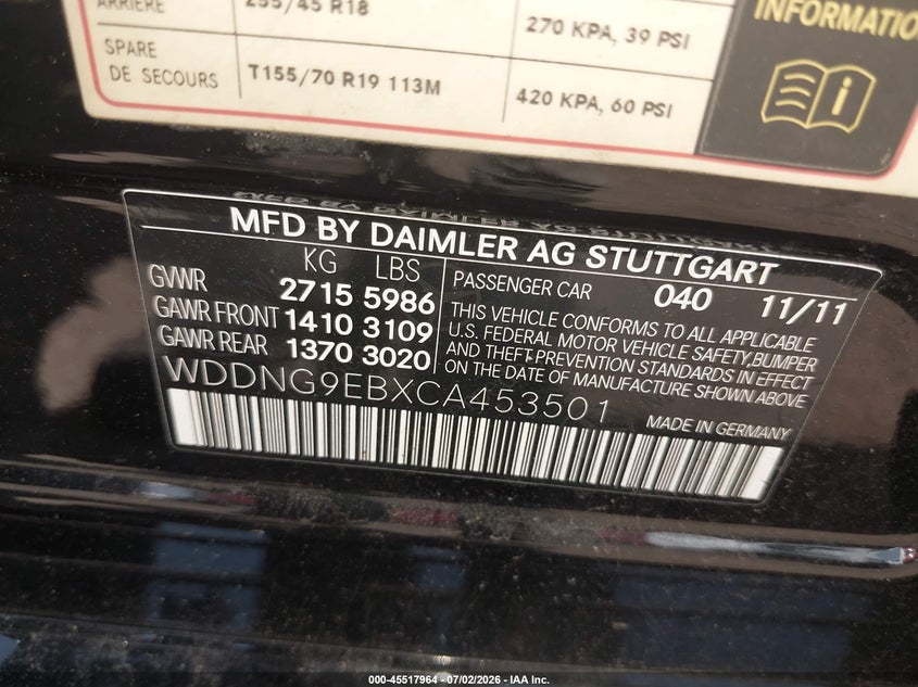 2012 Mercedes-Benz S 550 4Matic VIN: WDDNG9EBXCA453501 Lot: 45517964