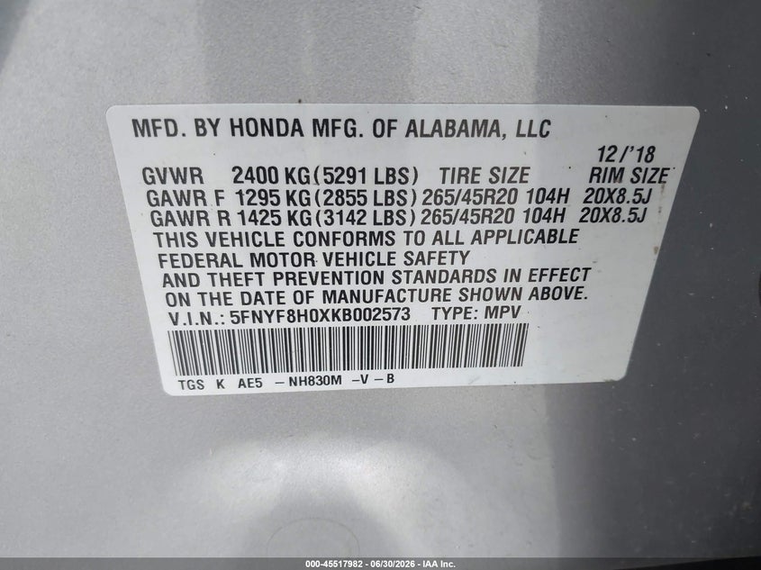 2019 Honda Passport Elite VIN: 5FNYF8H0XKB002573 Lot: 45517982