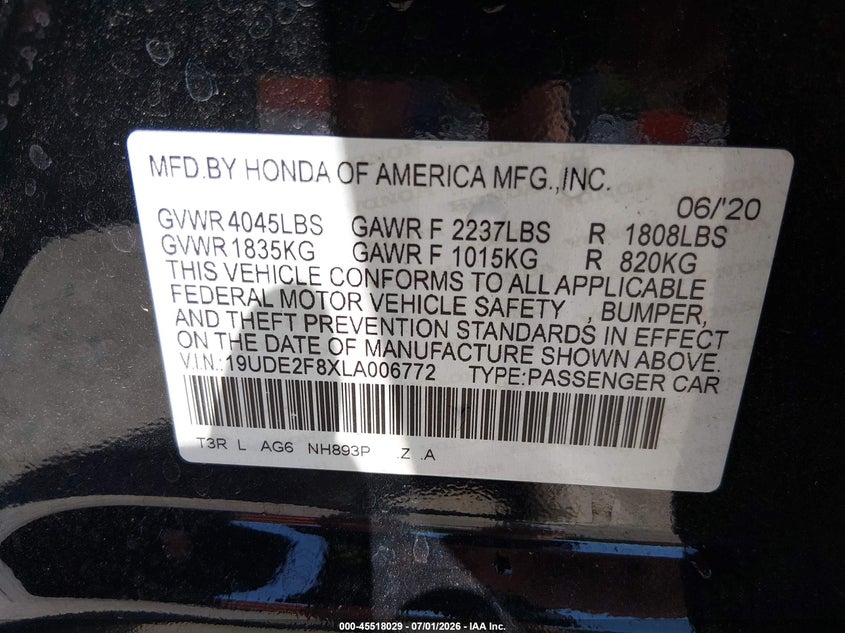 2020 Acura Ilx Premium A-Spec Packages/Technology A-Spec Packages VIN: 19UDE2F8XLA006772 Lot: 45518029