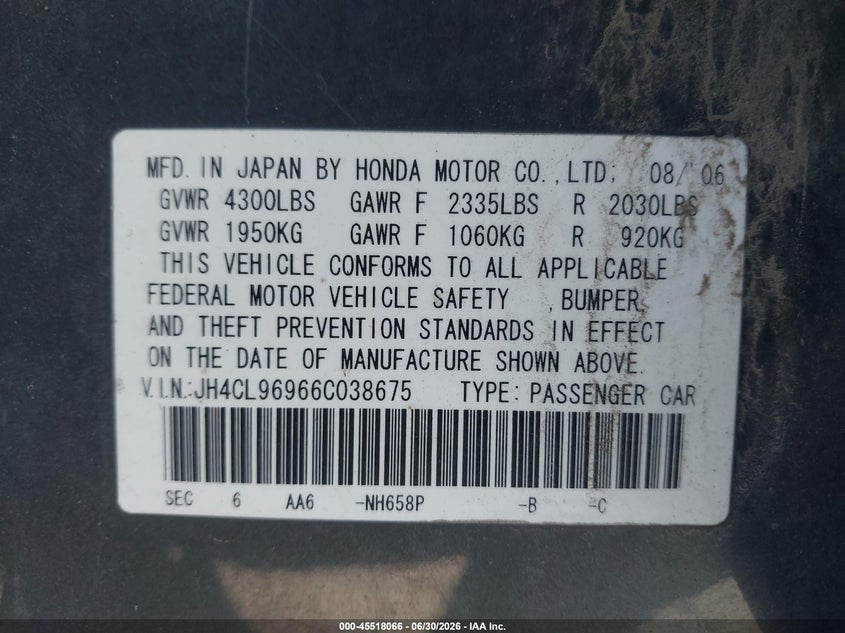 2006 Acura Tsx VIN: JH4CL96966C038675 Lot: 45518066