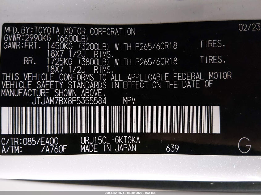 2023 Lexus Gx 460 Premium VIN: JTJAM7BX8P5355584 Lot: 45518074