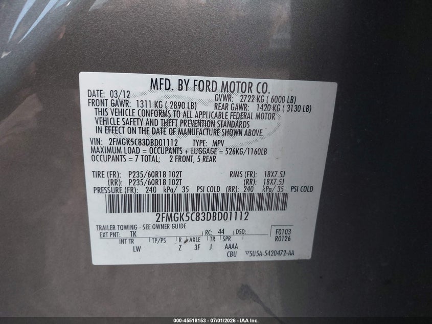 2013 Ford Flex Sel VIN: 2FMGK5C83DBD01112 Lot: 45518153