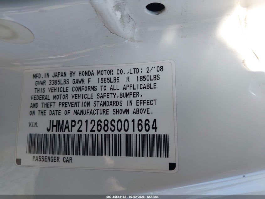 2008 Honda S2000 Cr VIN: JHMAP21268S001664 Lot: 45518168