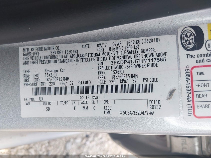 VIN: 3FADP4TJ7HM117565 2017 FORD FIESTA S