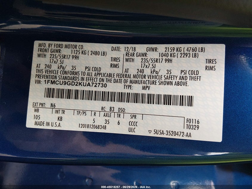 2019 Ford Escape Se VIN: 1FMCU9GD2KUA72730 Lot: 45518257