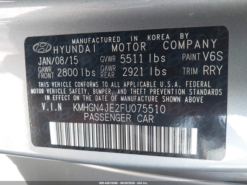 2015 Hyundai Genesis 3.8 VIN: KMHGN4JE2FU075510 Lot: 45518368