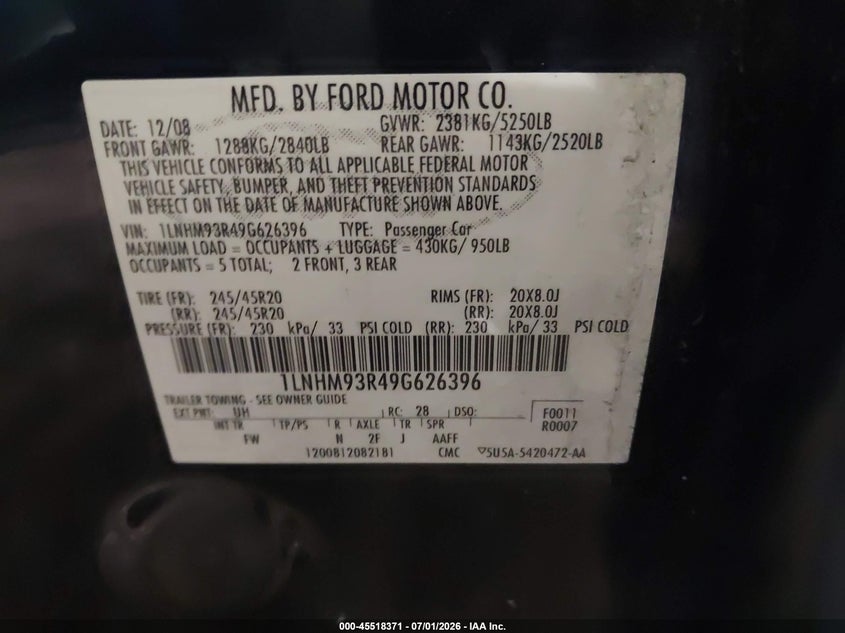 2009 Lincoln Mks VIN: 1LNHM93R49G626396 Lot: 45518371