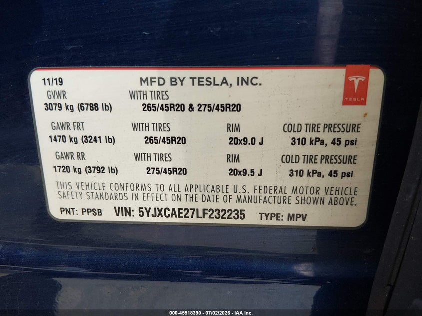 2020 Tesla Model X Long Range Dual Motor All-Wheel Drive/Long Range Plus Dual Motor All-Wheel Drive VIN: 5YJXCAE27LF232235 Lot: 45518390