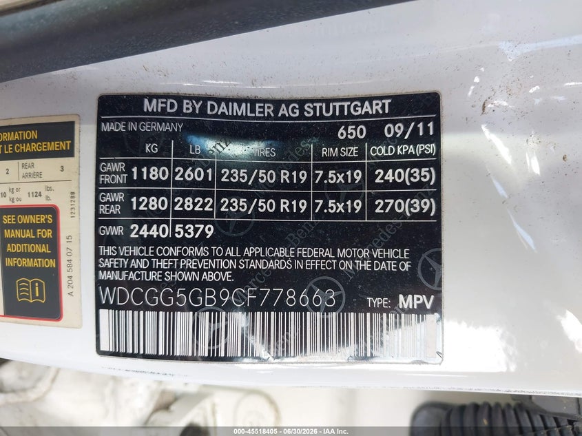 2012 Mercedes-Benz Glk 350 VIN: WDCGG5GB9CF778663 Lot: 45518405