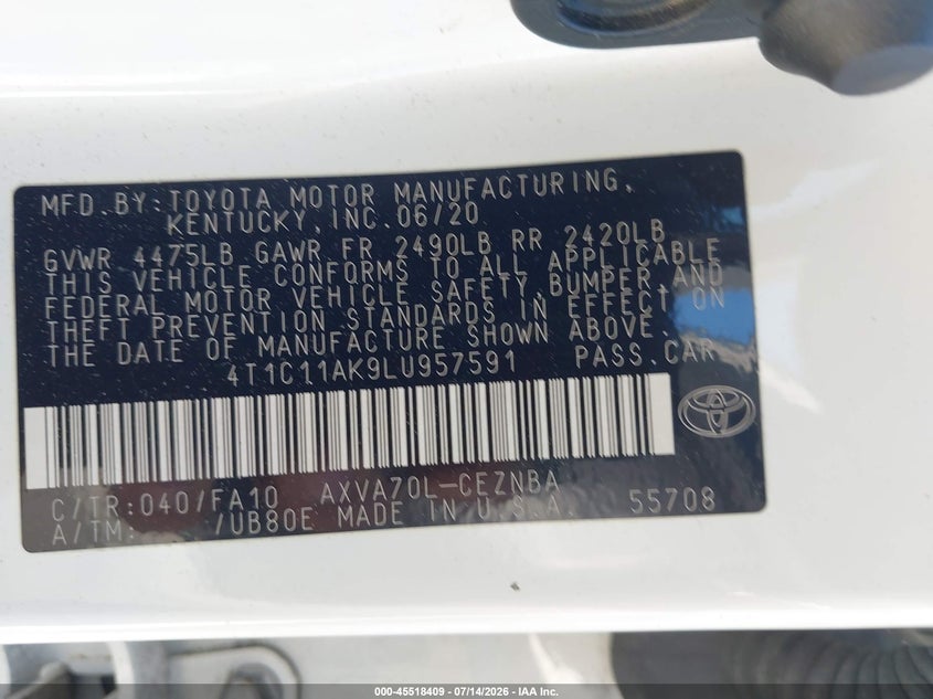 2020 Toyota Camry Le VIN: 4T1C11AK9LU957591 Lot: 45518409