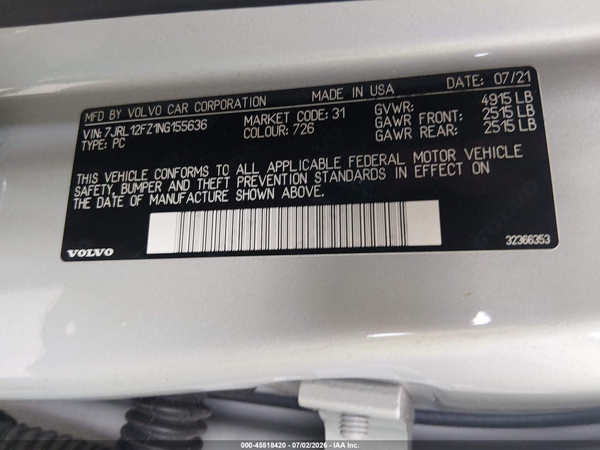 2022 Volvo S60 B5 Momentum VIN: 7JRL12FZ1NG155636 Lot: 45518420