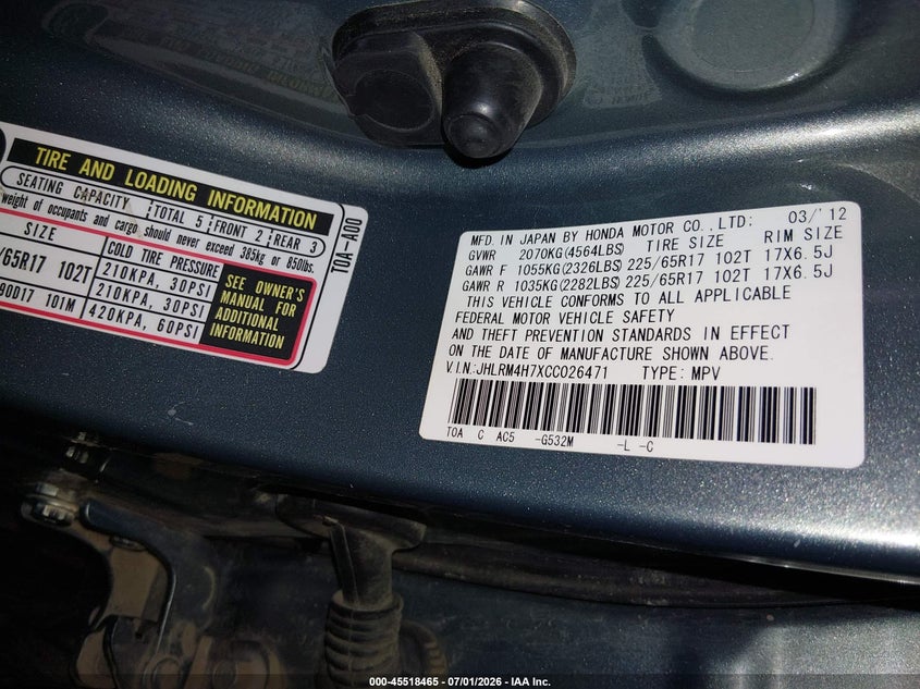 2012 HONDA CR-V SPORT UTILITY VEHICLE 2.4L I-4 DOHC, VVT, 185HP