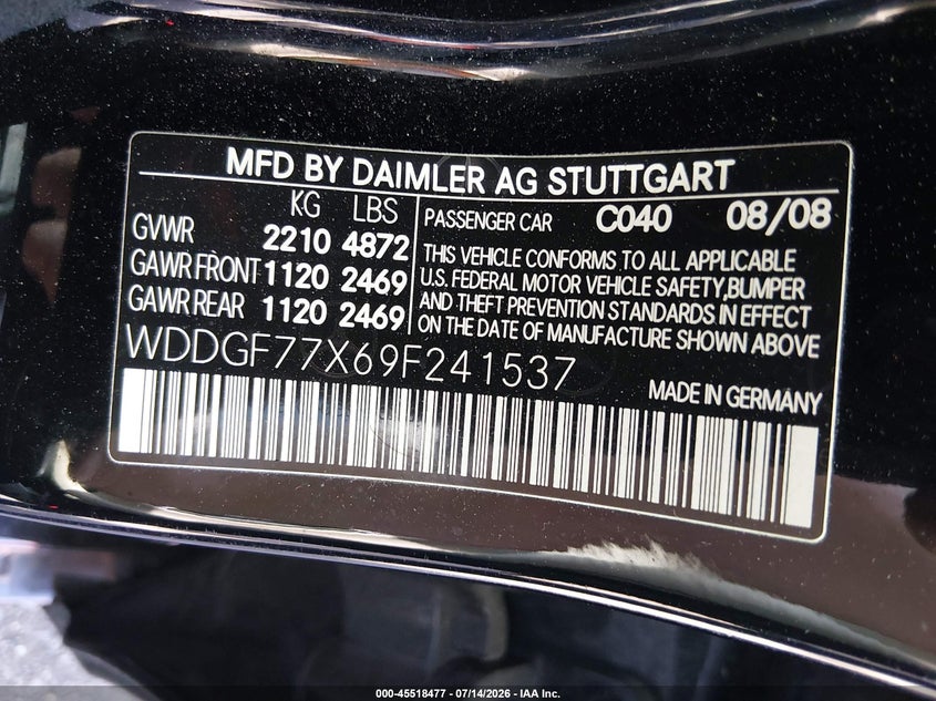 MERCEDES-BENZ C 63 AMG 2009 VIN WDDGF77X69F241537