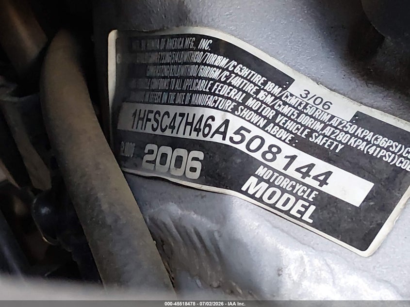 2006 Honda Gl1800 VIN: 1HFSC47H46A508144 Lot: 45518478