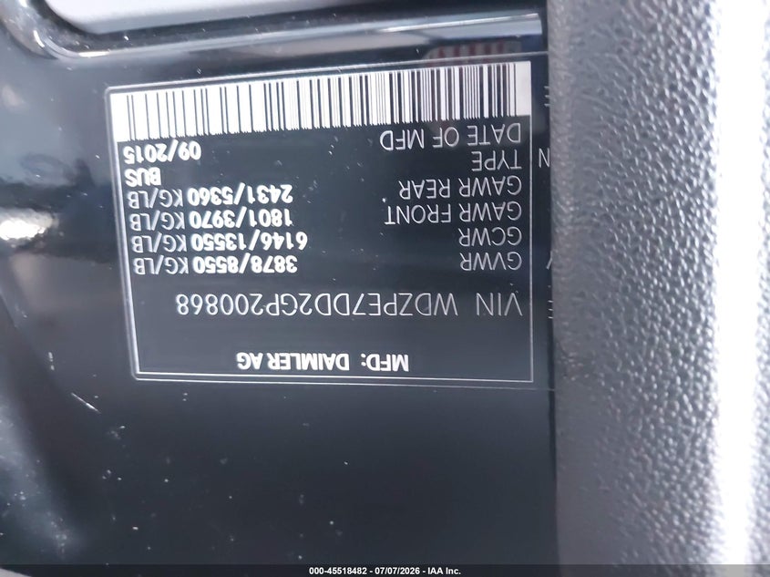2016 Mercedes-Benz Sprinter 2500 Normal Roof VIN: WDZPE7DD2GP200868 Lot: 45518482