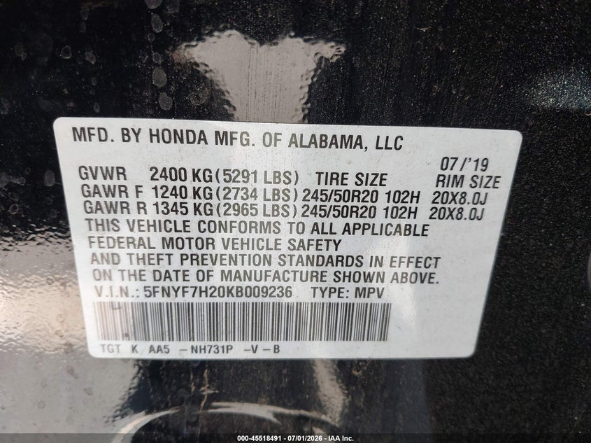 2019 Honda Passport Sport VIN: 5FNYF7H20KB009236 Lot: 45518491