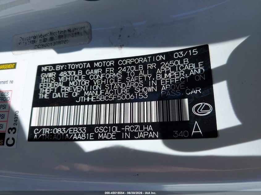 2015 Lexus Rc 350 VIN: JTHHE5BC5F5006153 Lot: 45518554