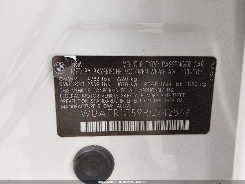 2011 BMW 5ER SEDAN 3.0L I-6 DOHC, VVT, 240HP