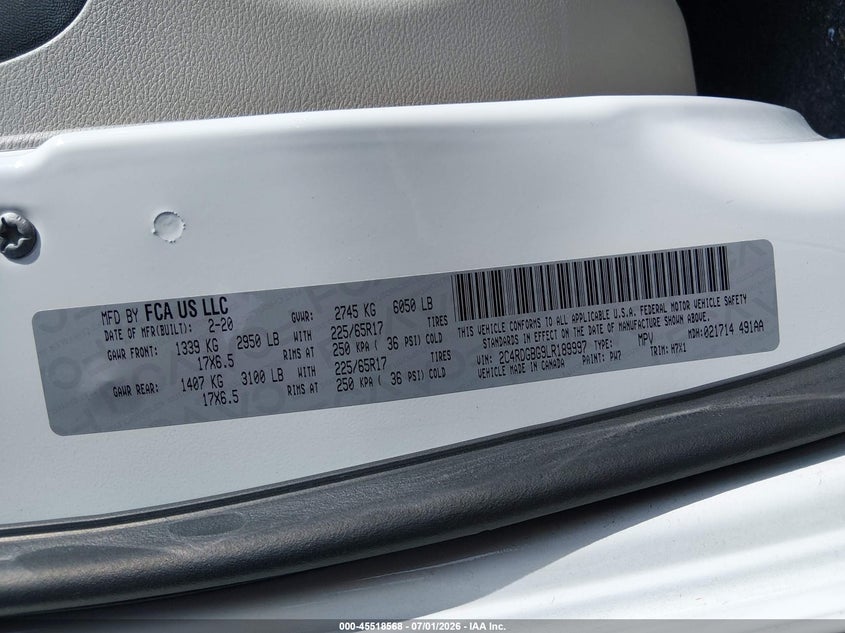 DODGE GRAND CARAVAN 2020 VIN 2C4RDGBG9LR189997