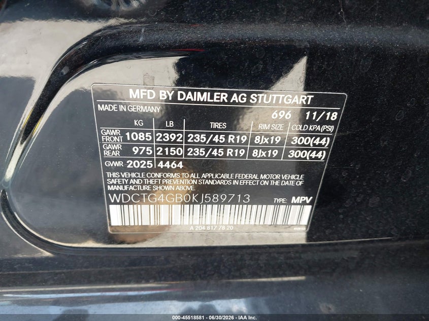 2019 Mercedes-Benz Gla 250 4Matic VIN: WDCTG4GB0KJ589713 Lot: 45518581