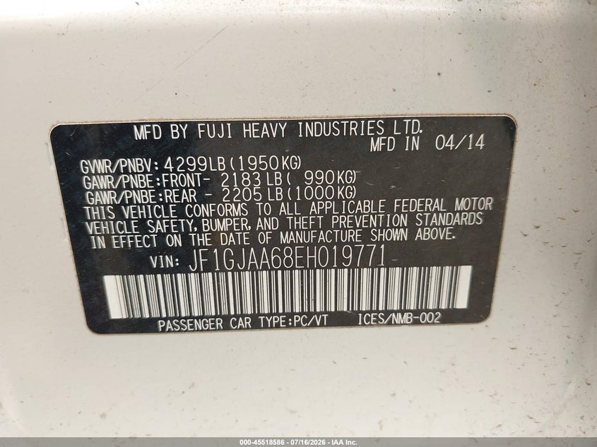2014 Subaru Impreza 2.0I VIN: JF1GJAA68EH019771 Lot: 45518586