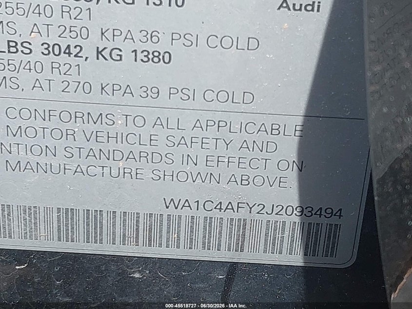 2018 Audi Sq5 3.0T Premium Plus VIN: WA1C4AFY2J2093494 Lot: 45518727