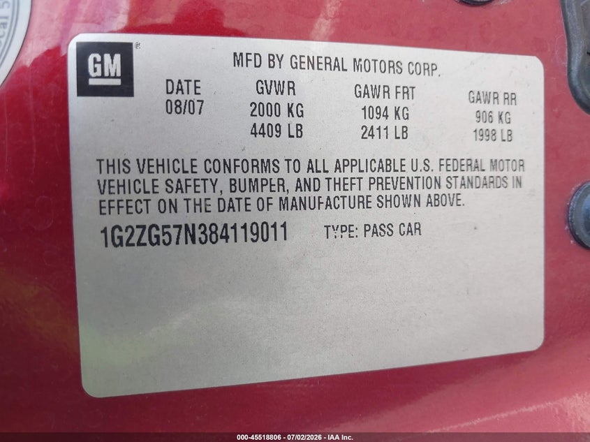 2008 Pontiac G6 VIN: 1G2ZG57N384119011 Lot: 45518806