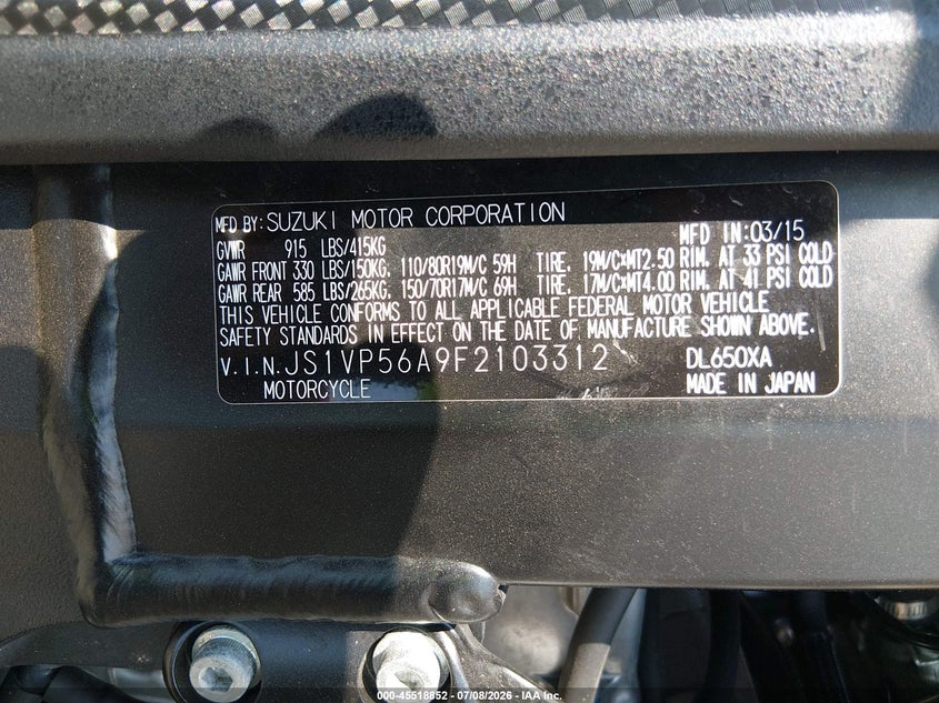 2015 Suzuki Dl650 A VIN: JS1VP56A9F2103312 Lot: 45518852