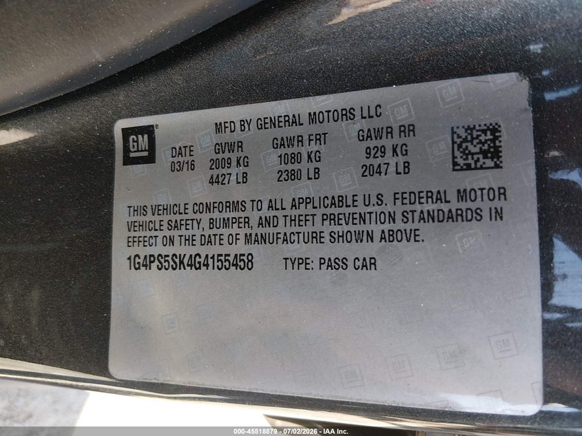 2016 Buick Verano Leather Group VIN: 1G4PS5SK4G4155458 Lot: 45518879