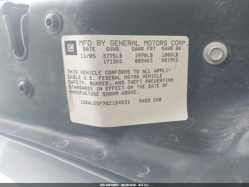 2006 Saturn Ion 3 VIN: 1G8AL55F76Z154631 Lot: 45518901