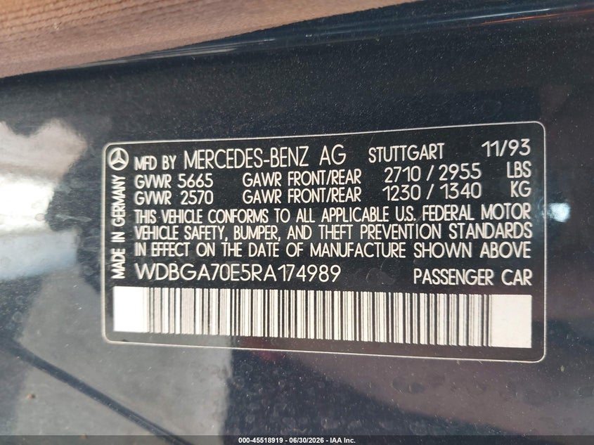1994 Mercedes-Benz S 500 VIN: WDBGA70E5RA174989 Lot: 45518919