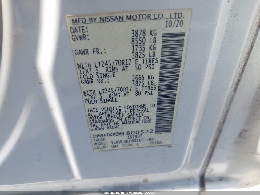 2021 Nissan Nv Cargo Nv1500 Sv Standard Roof V6 VIN: 1N6BF0KM0MN800522 Lot: 45518948