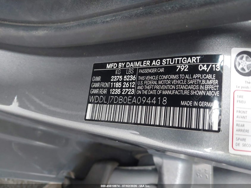 2014 Mercedes-Benz Cls 550 VIN: WDDLJ7DB0EA094418 Lot: 45518974