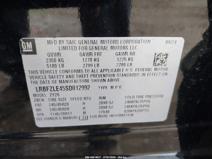 2025 Buick Envision Sport Touring Awd VIN: LRBFZLE45SD012992 Lot: 45519037