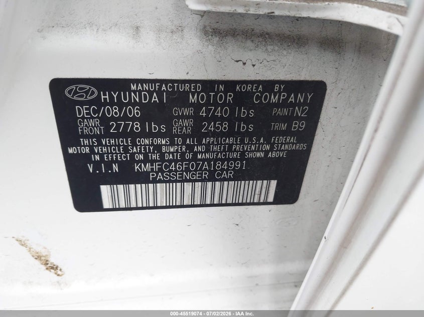 2007 Hyundai Azera Limited/Se VIN: KMHFC46F07A184991 Lot: 45519074