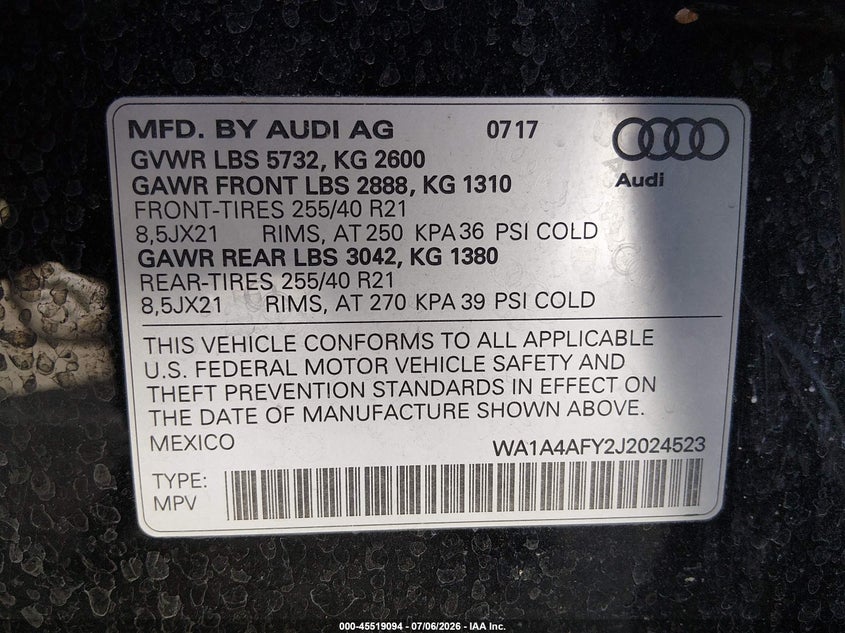 2018 Audi Sq5 3.0T Premium Plus VIN: WA1A4AFY2J2024523 Lot: 45519094