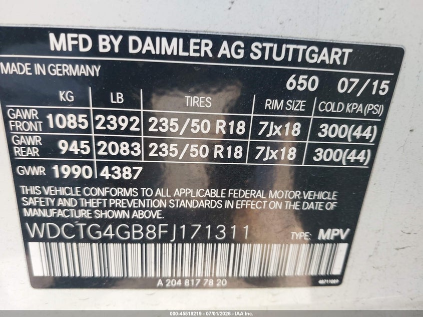 2015 Mercedes-Benz Gla 250 4Matic VIN: WDCTG4GB8FJ171311 Lot: 45519219