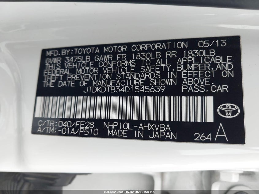 2013 Toyota Prius C One VIN: JTDKDTB34D1545639 Lot: 45519231