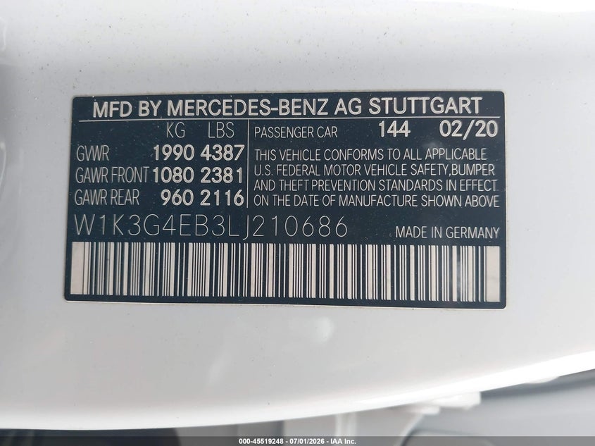 2020 Mercedes-Benz A 220 VIN: W1K3G4EB3LJ210686 Lot: 45519248