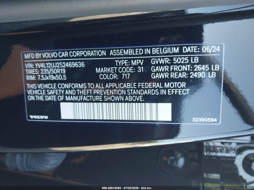 2025 Volvo Xc40 B5 Core Bright Theme VIN: YV4L12UJ2S2469636 Lot: 45519260