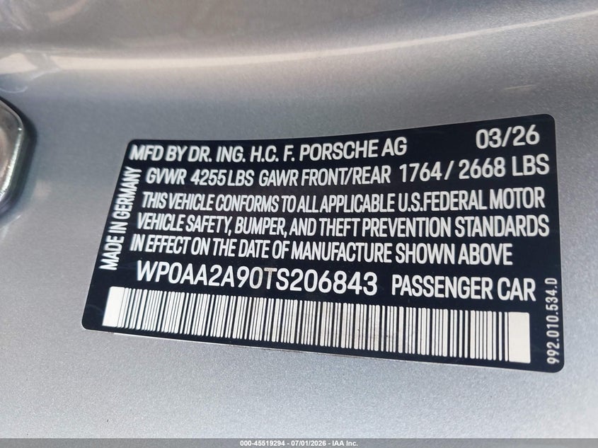 2026 Porsche 911 Carrera/Carrera T VIN: WP0AA2A90TS206843 Lot: 45519294
