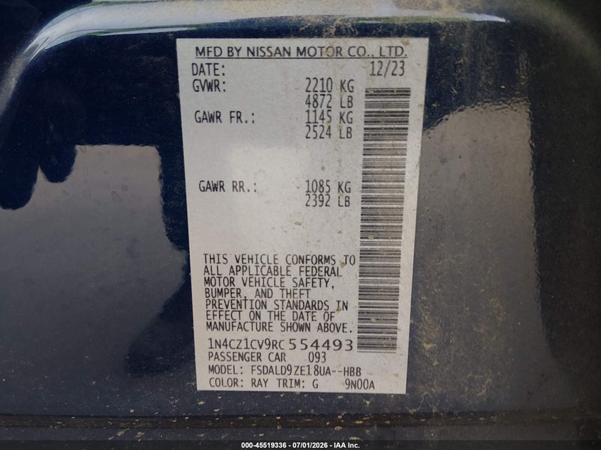2024 Nissan Leaf Sv Plus VIN: 1N4CZ1CV9RC554493 Lot: 45519336